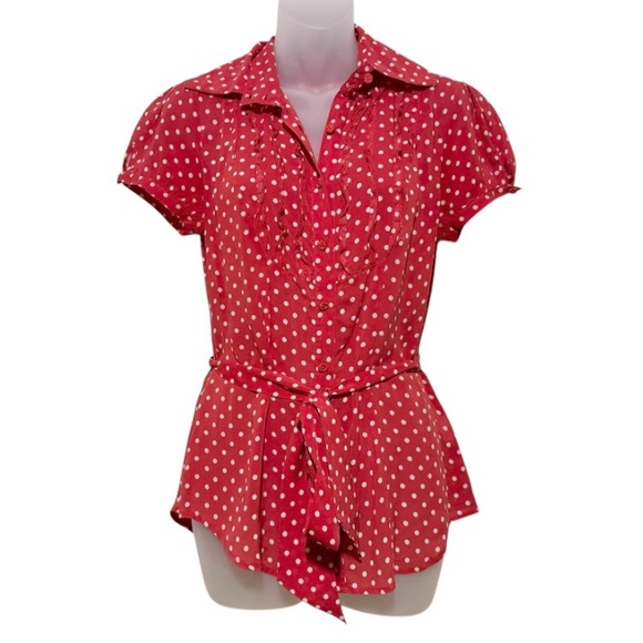 Bebe Silk Red Chiffon Blouse with White Polka Dots - Picture 1 of 4
